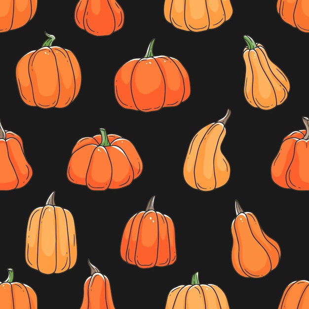 Orange pumpkins cartoon doodle in black background seamless pattern Contour cute illustration