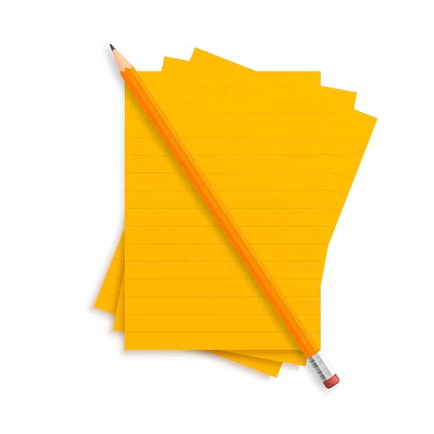 Orange realistic pencil lies with rubber and clips on a stack of lined paper