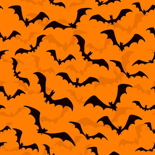 Orange seamless background with flying bats for Halloween, illustration.