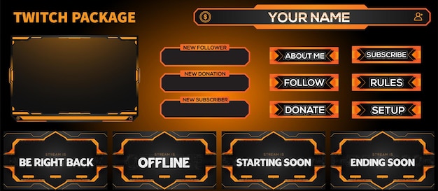 Orange Set of neon abstract live stream gaming element vector