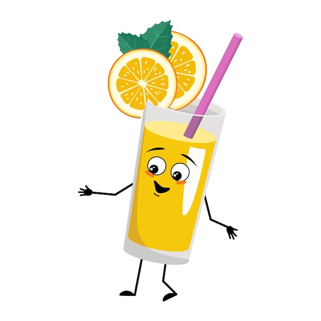 Orange smoothie with fruit and straw character with joyful emotions happy face smile eyes arms and legs Healthy vitamin drink in glass funny facial expression and pose Vector flat illustration