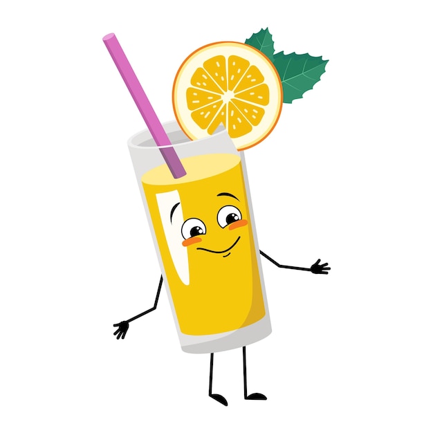 Orange smoothie with fruit and straw character with joyful emotions happy face smile eyes arms and legs Healthy vitamin drink in glass funny facial expression and pose Vector flat illustration