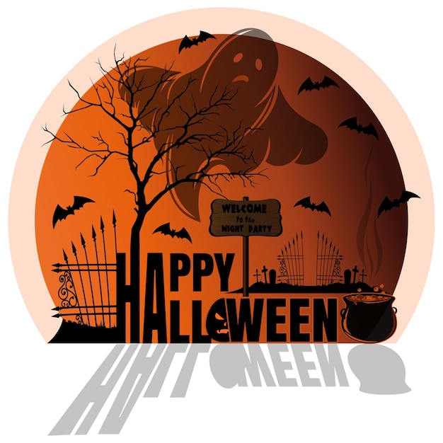 Orange sticker for Halloween with night cemetery and ghost