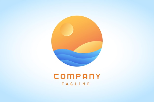 Orange sun with beach blue wave sticker gradient logo