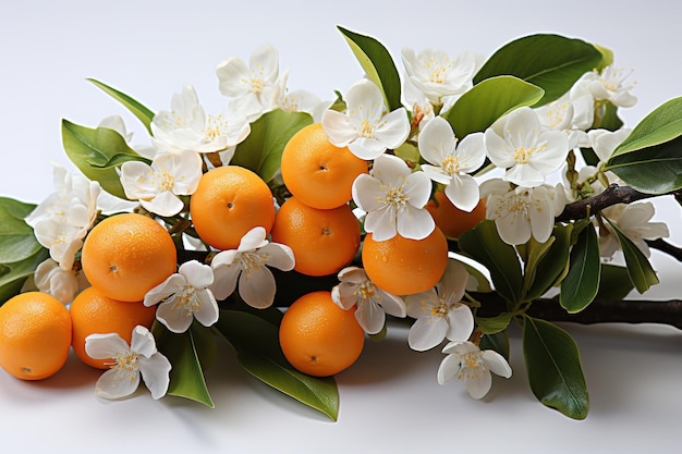 Orange tree flowers on a orange fruit isolated on white background