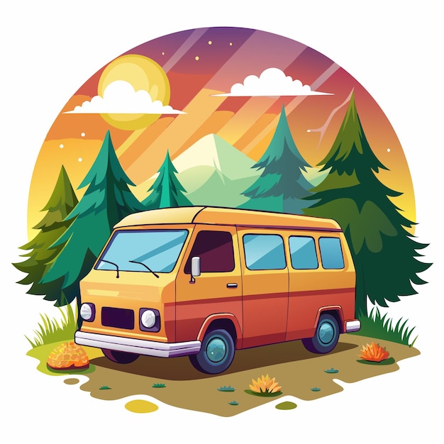 Orange Van Parked in a Mountainous Forest at Sunset