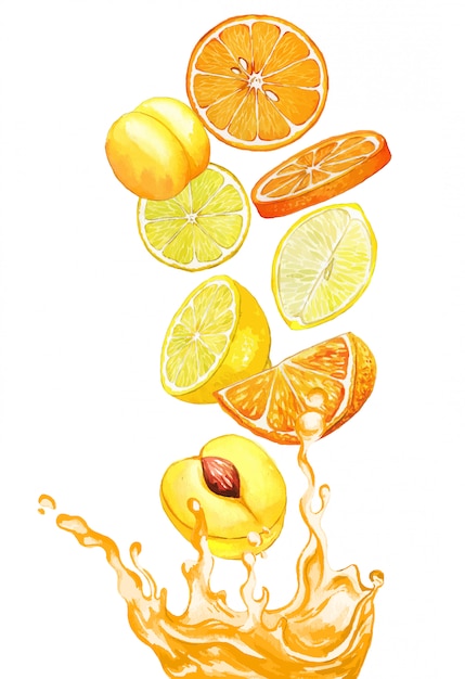 Orange and yellow fruits falling in the orange juice