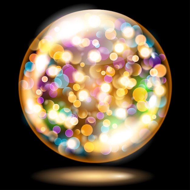 Orange yellow glass sphere filled with multicolored glowing sparkles with bokeh effect Sphere with colored sparkles glares and shadow Used only on dark background