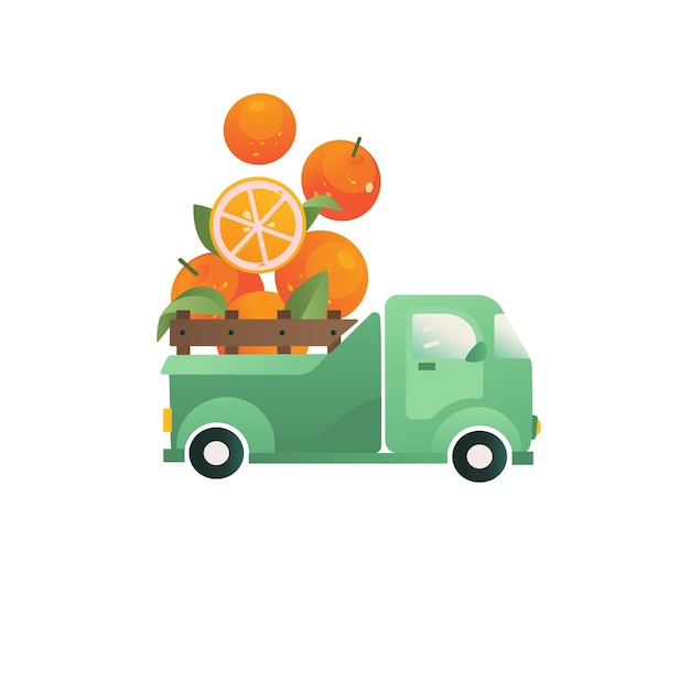 Oranges emblem delivery concept Citrus in a truck vector Icon Funny element for logo packaging