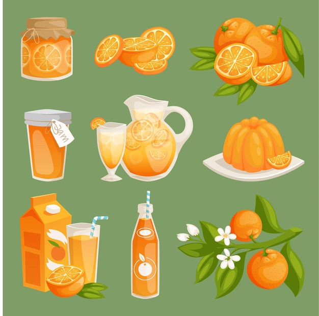 Oranges juice food products illustration fresh natural orange citrus fruit slice set