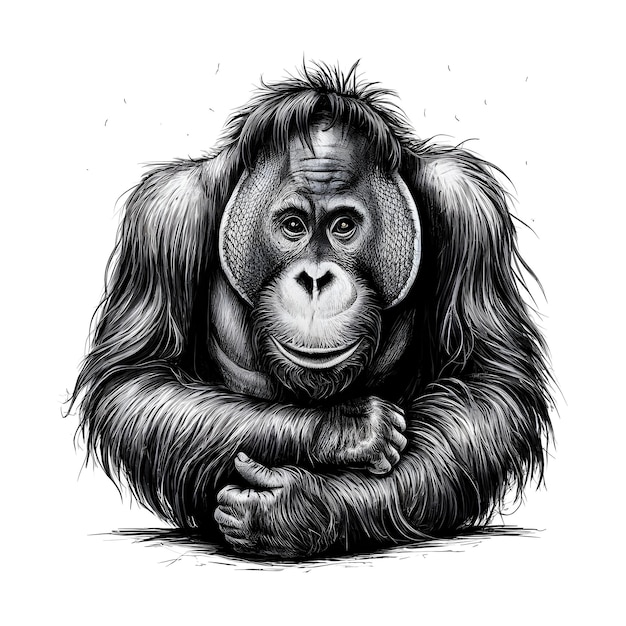 Orangutan vector pencil ink sketch drawing black and white monochrome engraving style