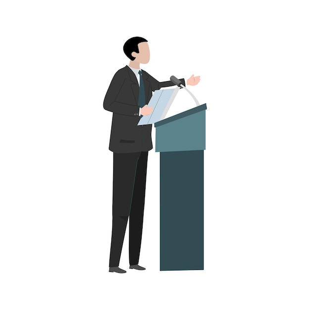 Orator Silhouette protruding speaker with wide beautiful hand gestures stands behind a podium with microphones Presentation and performance before an audience Vector Icon