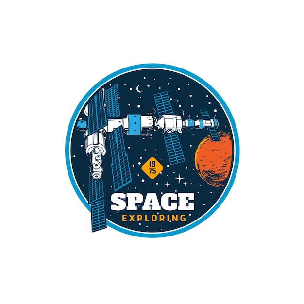 Orbital station in space retro icon or emblem