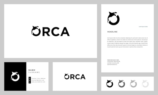 orca whale logo with business card and letterhead