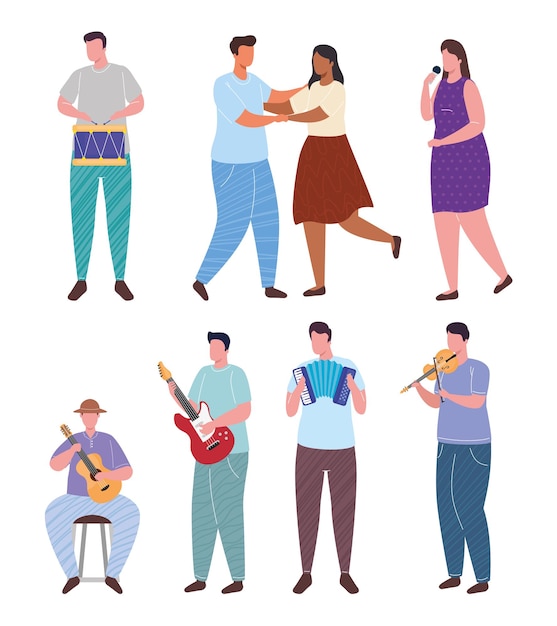 Orchest playing instruments and woman sing with dancers couple characters  illustration 