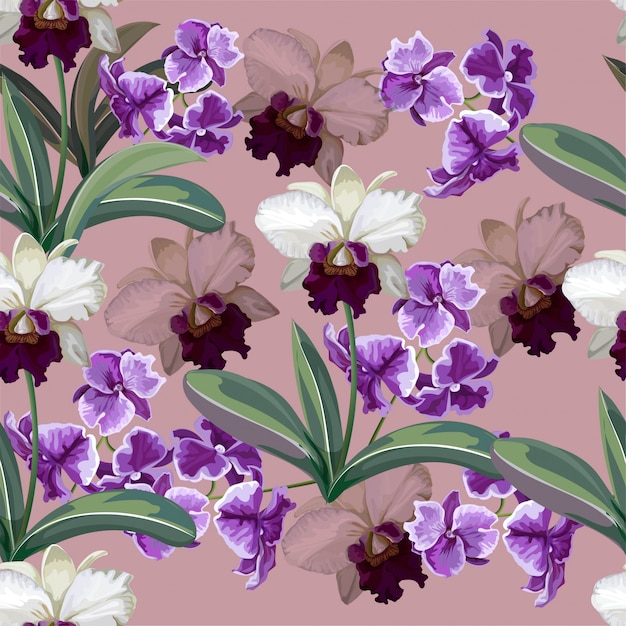 Orchid white and purple flowers seamless pattern