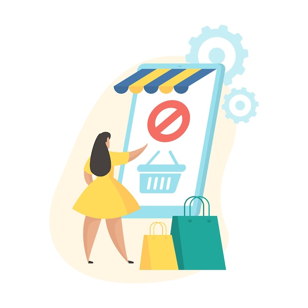 Order canceled. Flat vector illustration. Mobile shopping application status icon. Female cartoon character standing near huge smartphone with cart on screen and cancelling order