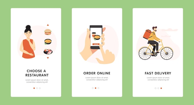 Order online food onboarding mobile app screens banner template design Vector concept image cartoon Illustration