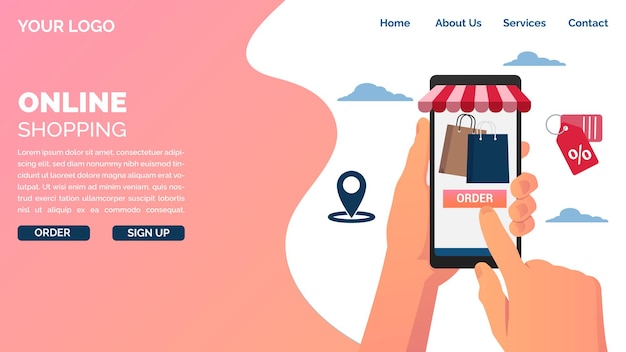 Order online using mobile phone landing page concept.