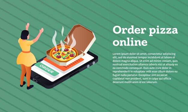 Order pizza online concept banner, isometric style