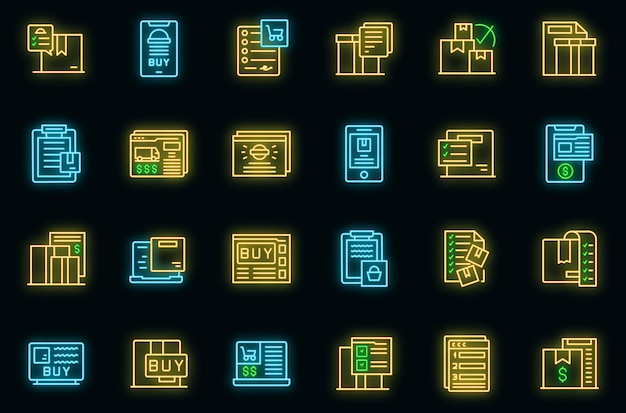 Order summary icons set vector neon