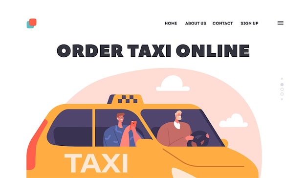 Order Taxi Online Landing Page Template Taxi Driver and Client in Taxi Man Driving Car Passenger with Smartphone