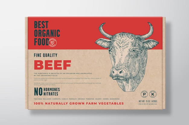 Organic Beef Meat Vector Food Packaging Label Design on a Craft Cardboard Box Container Modern Typography and Hand Drawn Cow Head Background Layout