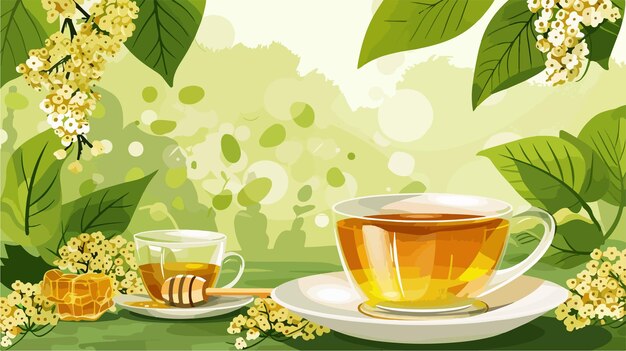 Vector organic bowl with linden honey and glass cup of tea on green background