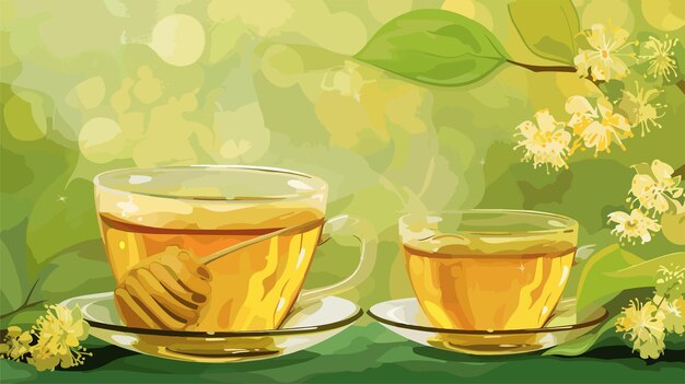 Vector organic bowl with linden honey and glass cup of tea on green background