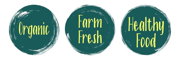 Organic farm fresh healthy food vector labels round emblems painted icons for natural products