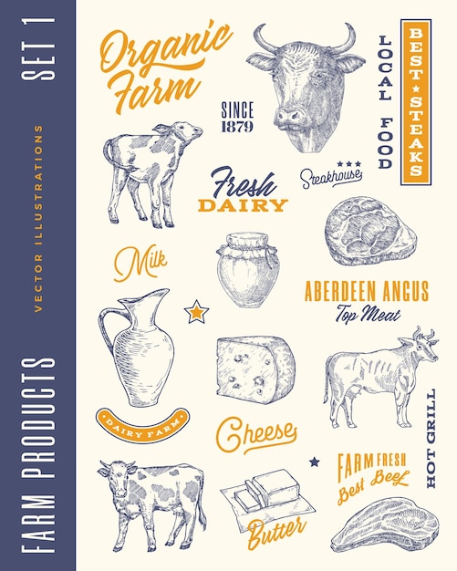 Organic farm hand drawn logos symbols and illustrations with typography compositions Dairy and meat slhouette signs with cows beef steaks cheese and milk collection Butchery design elements set