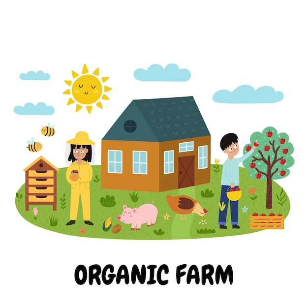 Organic Farm print with cute kids farmers and animals Summer green meadow background