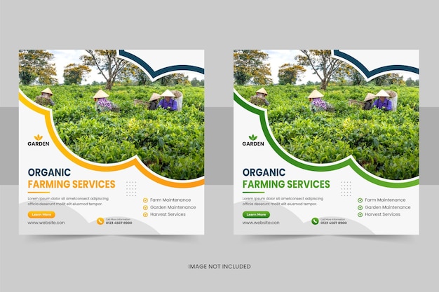 Organic farming service post banner template or lawn mower gardening social media banner