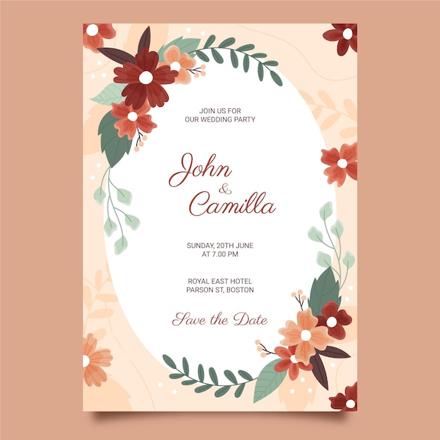 Organic flat floral wedding invitation