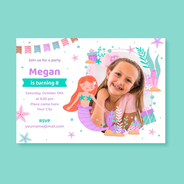 Organic flat mermaid birthday invitation