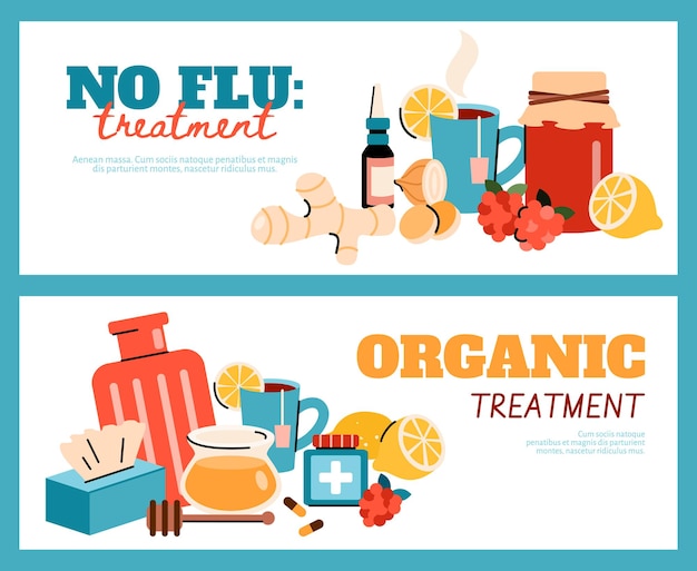 Organic flu and cold treatment flyer banner template set. Healthy natural food, drink and medicine collection