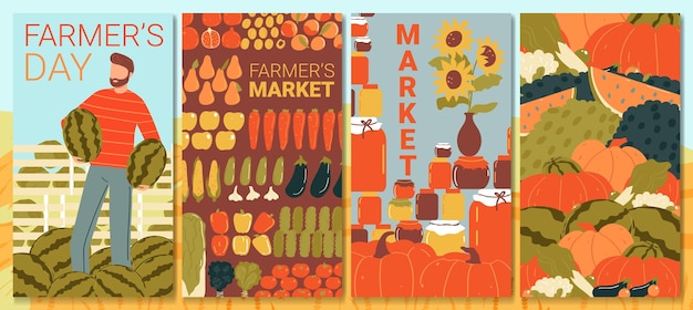 Vector organic food farmer banner set harvest natural poster fresh agriculture pumpkin design in cartoon