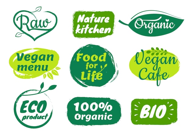 Organic food label Vegetarian products for retail shop Vegan menu in cafe or restaurant Bio farm or ecology market Green badge for package with eco ingredients isolated vector set