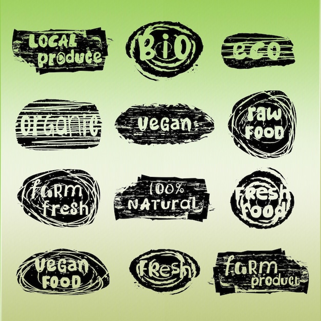 Vector organic food labels for eco and bio natural products black stickers vector each icon is isolated