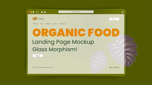 Organic food landing page template with liquid 3D glass morphism effect in army green color backdrop