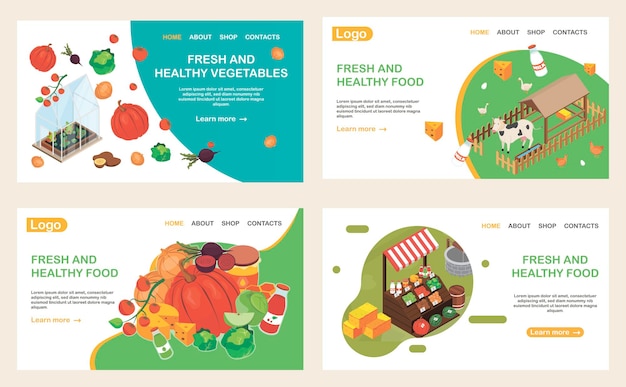 Organic food web isometric web site landing pages set with isometric images