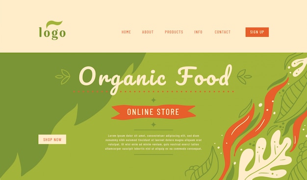 Organic food website landing page template design.