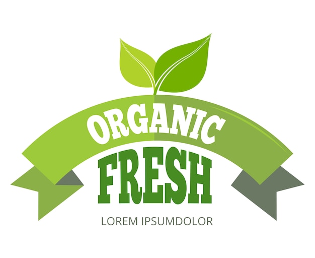 Organic fresh natural eco label with ribbon and leaf