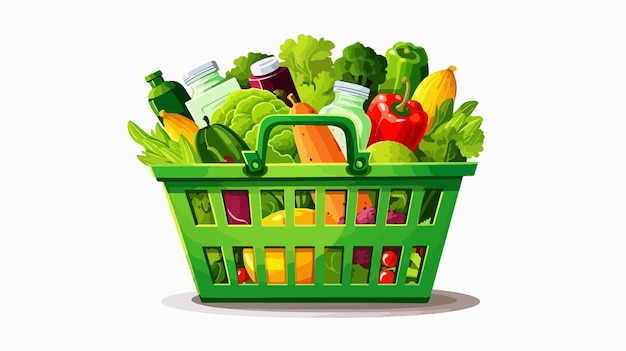 Vector organic green shopping basket filled with fresh organic groceries