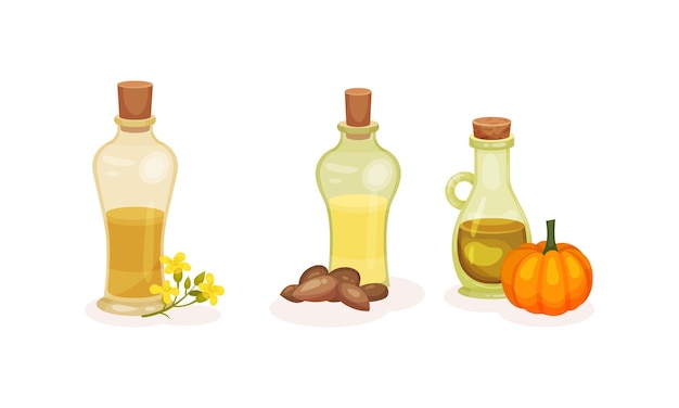 Vector organic herbal oil poured in glass corked jars vector set