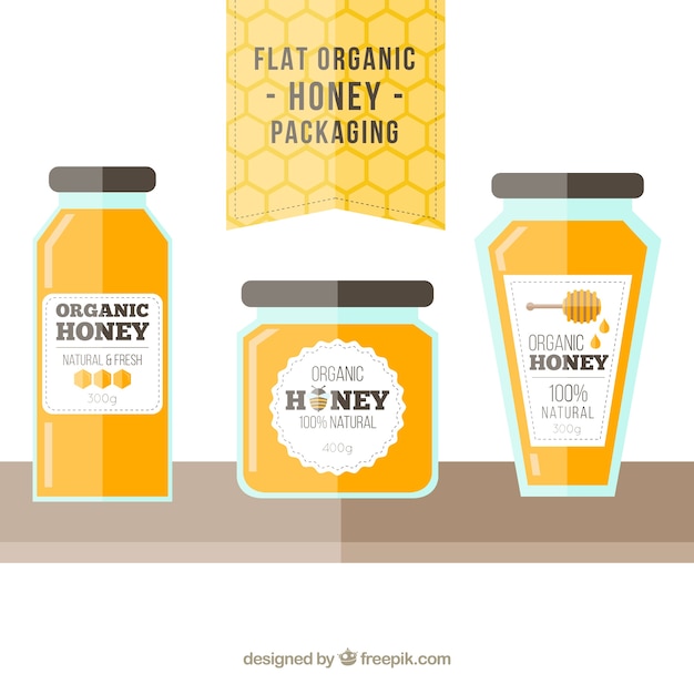 Vector organic honey jars set in flat design 