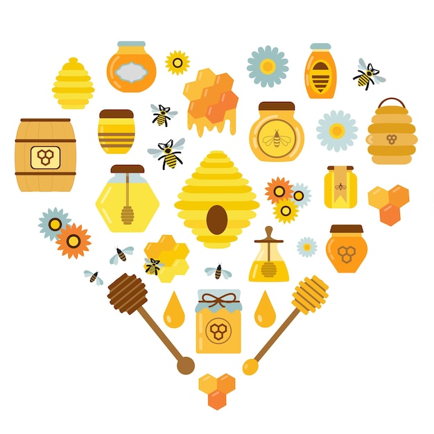 Organic honey products elements and apiary icons in heart shape