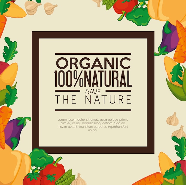 Organic label with frame and colorful vegetables over beige background. Vector illustration.