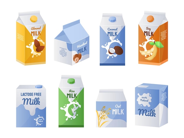 Organic milk Vegetarian drinks collection for coffee and tea Vegan milky replacement Isolated cardboard food containers Lactose free liquid products Vector healthy beverages set