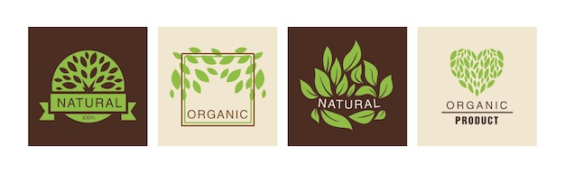 Organic and natural product labels and emblem with green leaf vector set